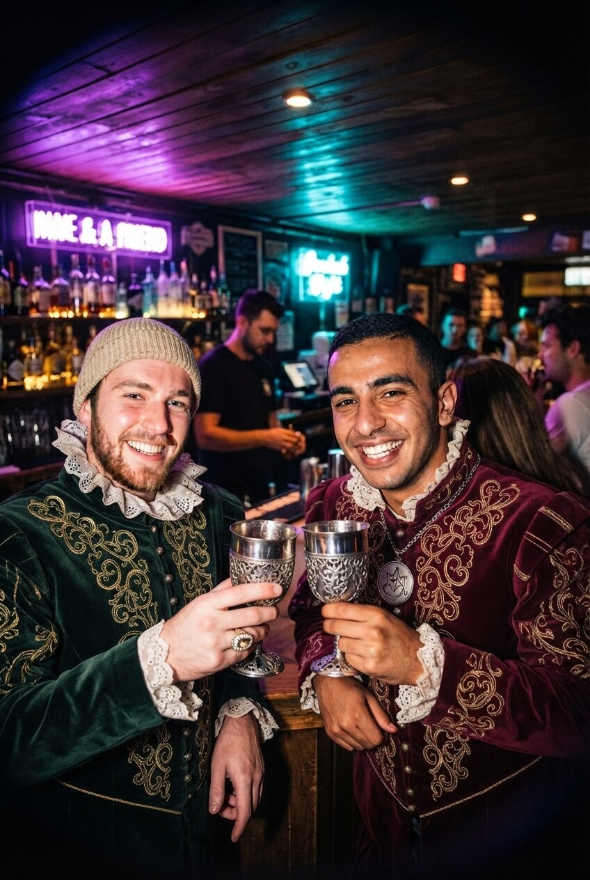 Two friends in a bar, turned into renaissance nobles in emerald and burgundy velvet doublets raising silver goblets
