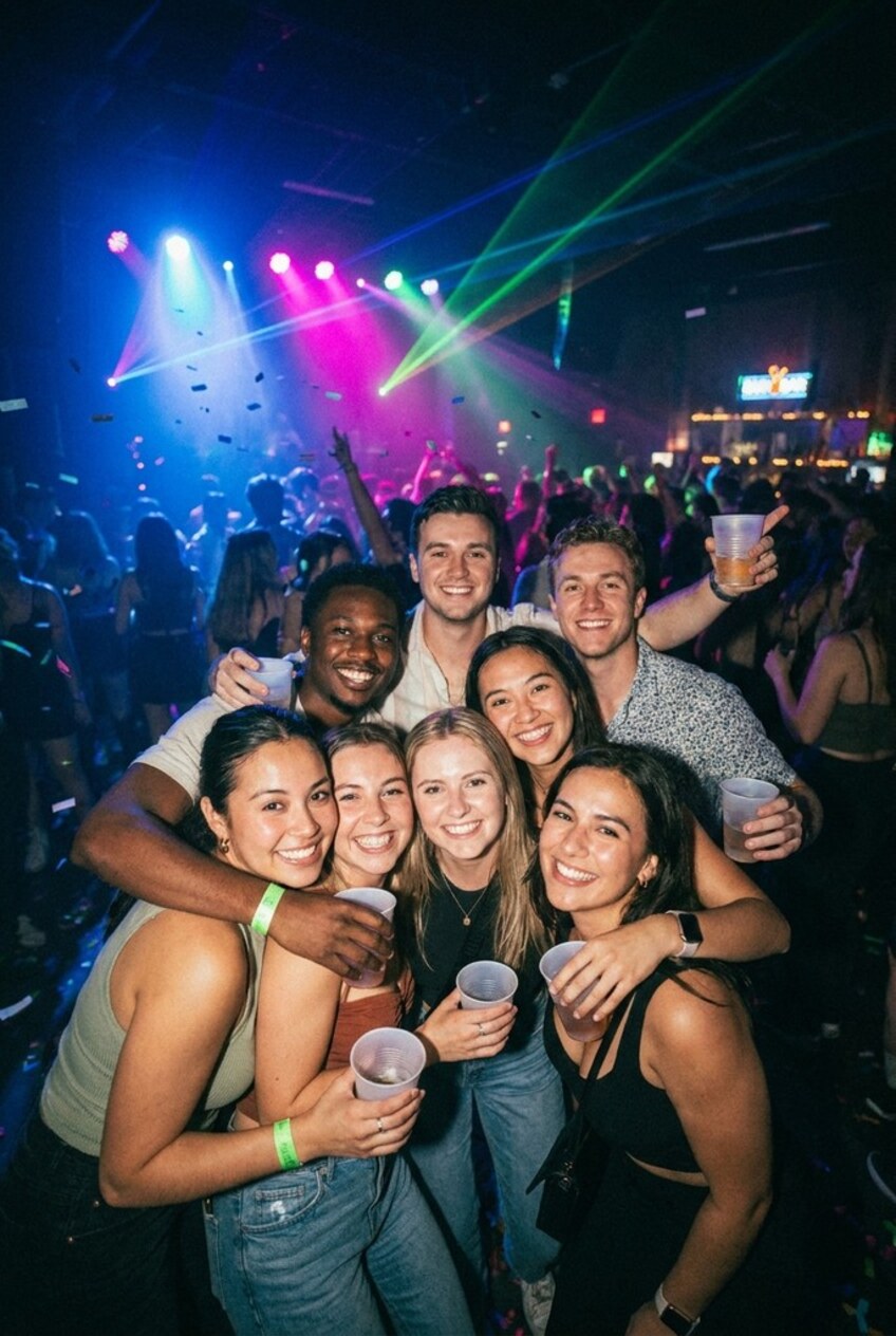 Before — eight friends huddled together on a nightclub dancefloor under lasers and confetti