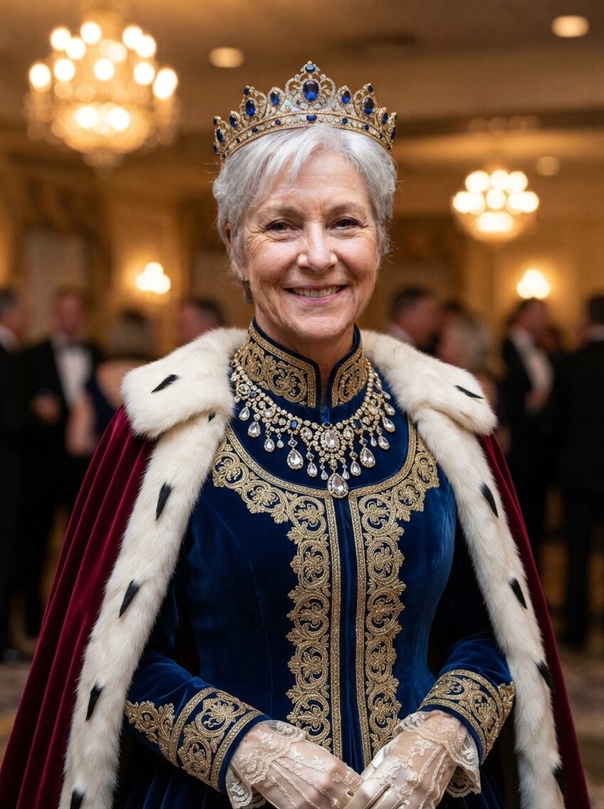 The same woman in the same ballroom, restyled in a jewelled crown, ermine-trimmed robe and diamond necklace — her face and her smile exactly as they were