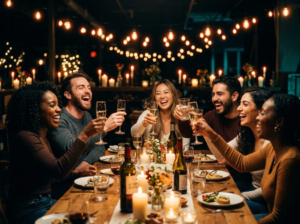 Live viewfinder — friends raising a toast